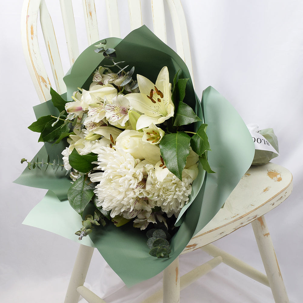 White rose, lily, and alstroemeria mixed bouquet. Same Day Toronto Delivery. 