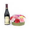 Carnation Hat Box Arrangement with wine