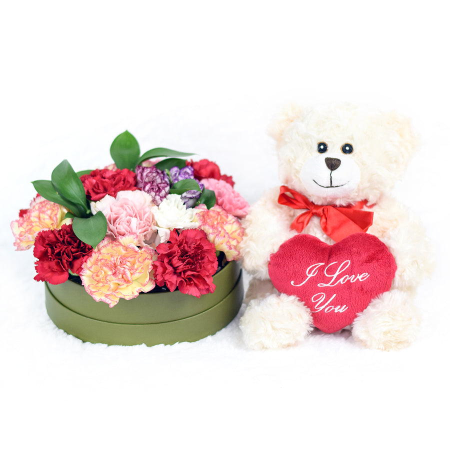 Mixed Color Carnation Box with Plush Bear